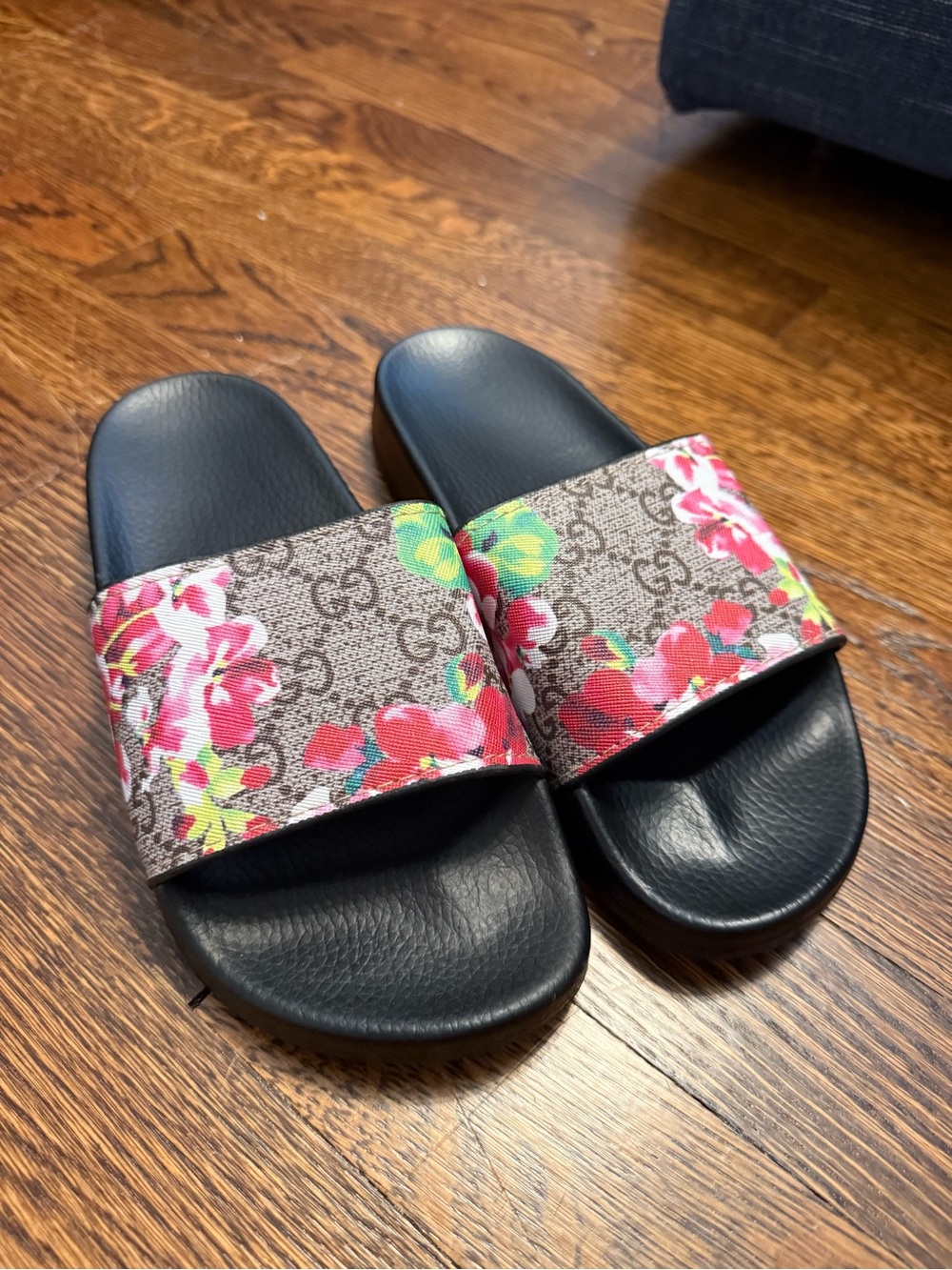 Inspired Floral Print Slide Sandals - Black with Multicolor Floral Strap
